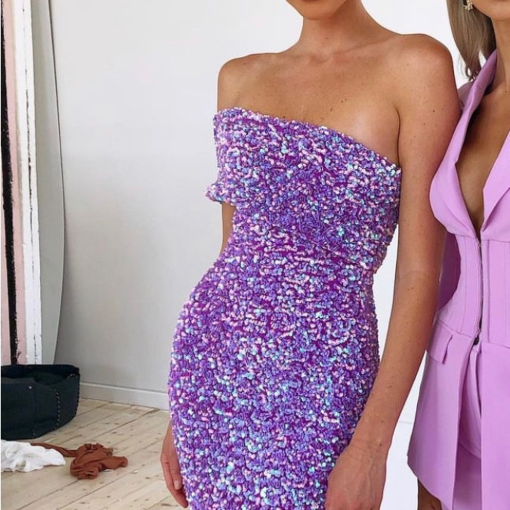 Sparkling lavender off shoulder midi dress by eliya the label